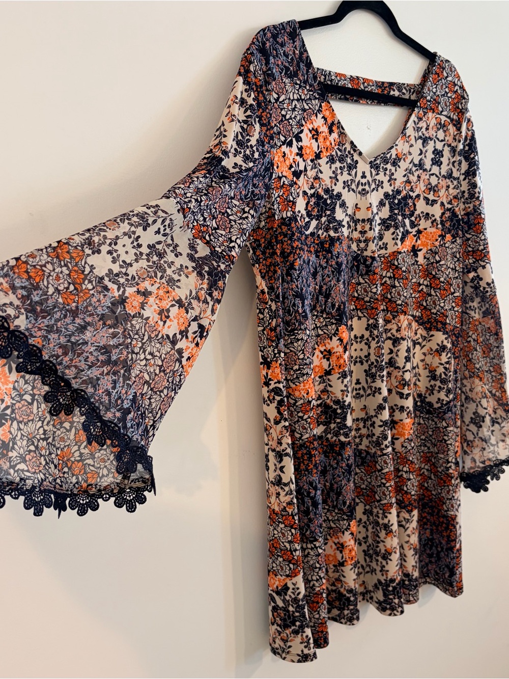 Floral Patchwork V-Neck Bell Sleeve Dress in Cream and Orange